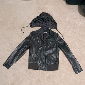BDG vegan faux leather jacket in dark brown with detachable zipper hood